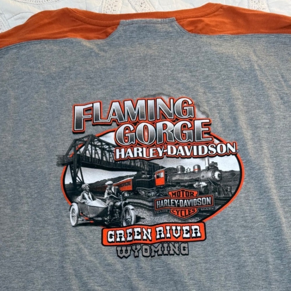 Harley Davidson 2XL Henley Shirt Mens Grey Orange Flaming‎ Gorge Raglan - Picture 6 of 8